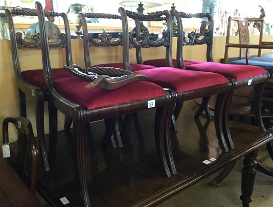 Set 6 Regency mahogany sabre leg dining chairs (one a.f.)(-)